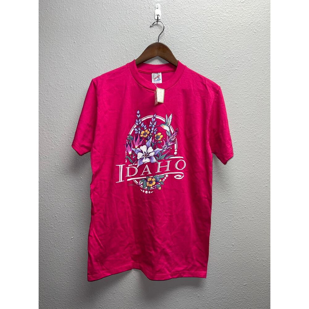 Vintage Idaho Shirt Hummingbird Garden Flower Pink Graphic Tee 90s Medium